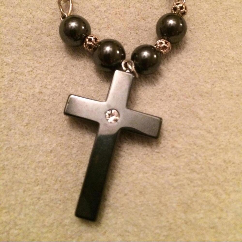 Unisex Black Cross Pendant Necklace with Beaded Chain